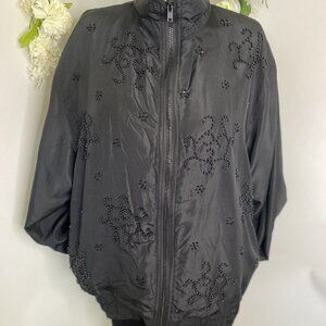 Superfine 90s Womens Black Silk Embellished Windbreaker Track Jacket Med Hip Hop